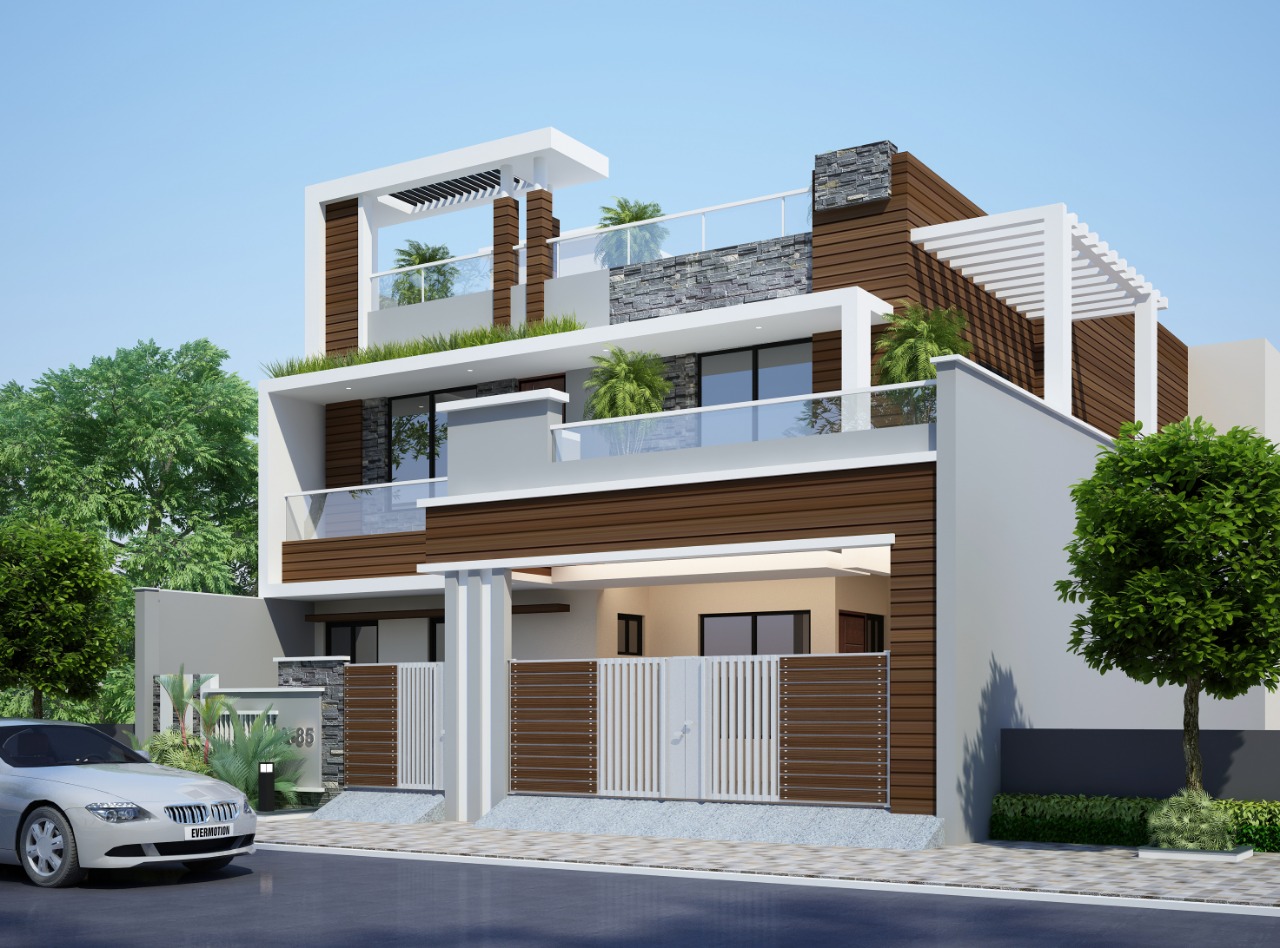 Residential elevation visualisation with balconies, a terrace pergola and a gated entrance.