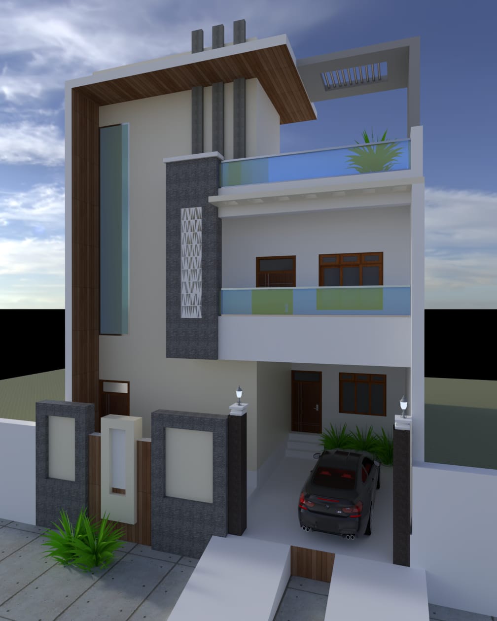 Multi-storey home elevation visualisation with stacked balconies and covered parking.