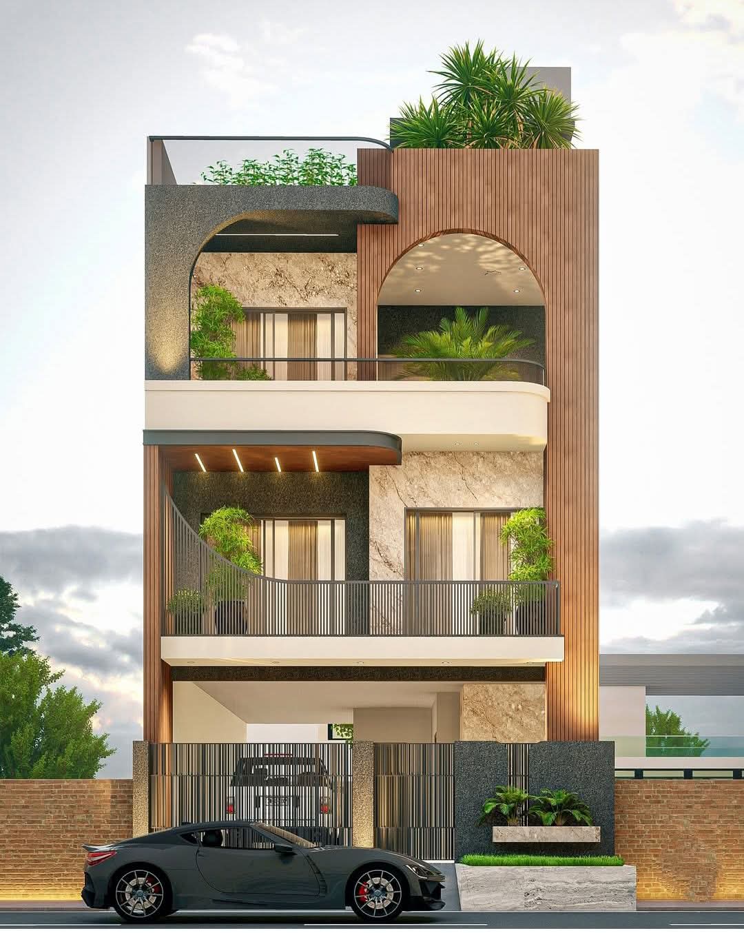 Home elevation visualisation with arched forms, timber-toned cladding and planting.